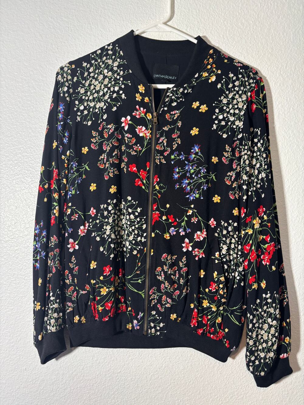Cynthia Rowley Size S Black Floral Bomber Jacket Zip-Front Lightweight Rayon